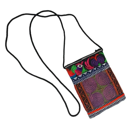 Hand Embroidered Handbag Purse Bird Flower Floral Swirl Bright Colors Multicolor - Picture 2 of 8